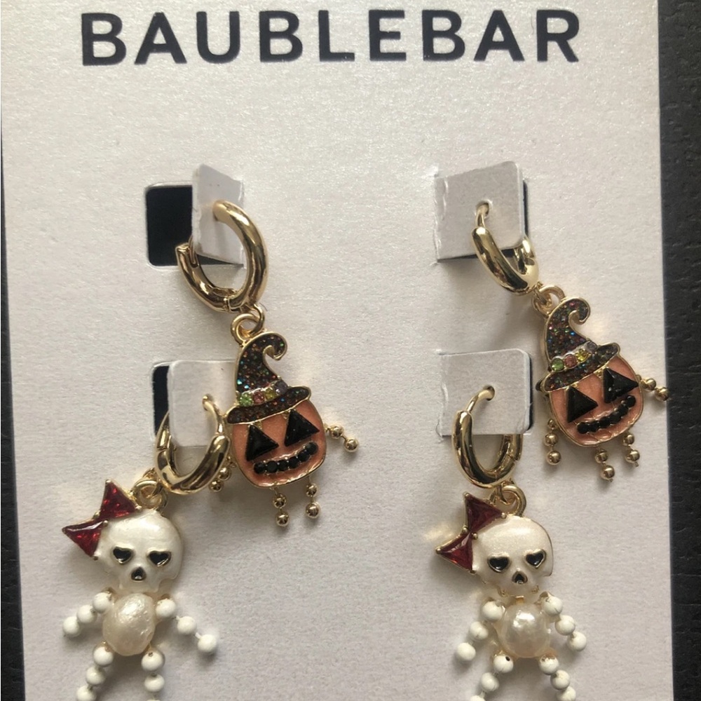 Baublebar Gold Tone Huggie Hoop Earring Set Pumpkin Witch & Skeleton Charm NEW